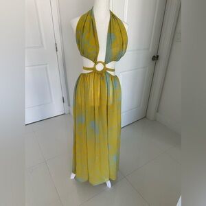 Elegant Yellow and Blue Boutique Halter Maxi Dress